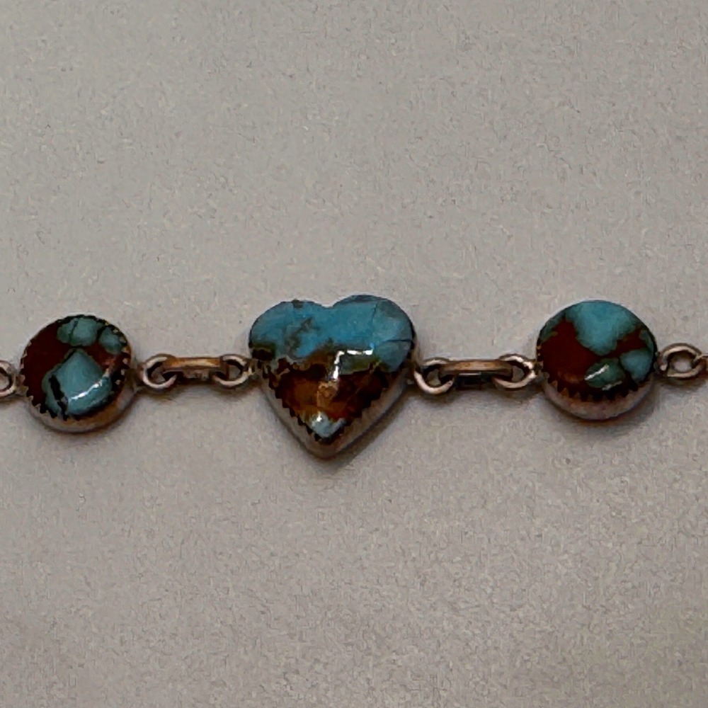 Vintage Sterling Silver 925 Turquoise Heart Link Bracelet Southwestern 9 Inch